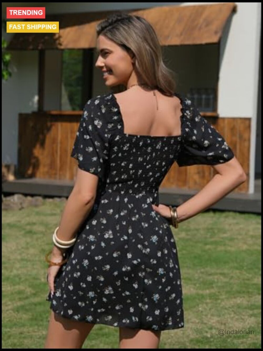 Swiss Dot Square Neck Mini Dress with Ruffle Sleeves and Flowy Swing Skirt - Picture 4 of 7